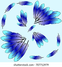 Colored feathers on a blue background