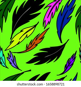 Plumas coloreadas en un fondo verde, Sensación sin manchas de fondo dibujado a mano. Fondo colorido. Papel pintado bonito y decorativo, bueno para imprimir. Abstracción
