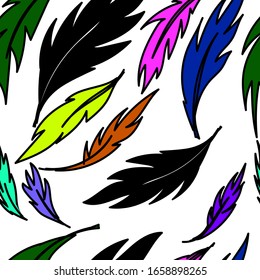 Plumas coloreadas sobre fondo blanco, Sensación sin manchas de fondo dibujada a mano. Fondo colorido. Papel pintado bonito y decorativo, bueno para imprimir. Abstracción

