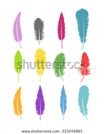 Colored feathers silhouette icons set. Isolated on white background. Vector illustration.