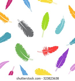 Colored feathers silhouette pattern. Seamless texture. Isolated on white background. Vector illustration.