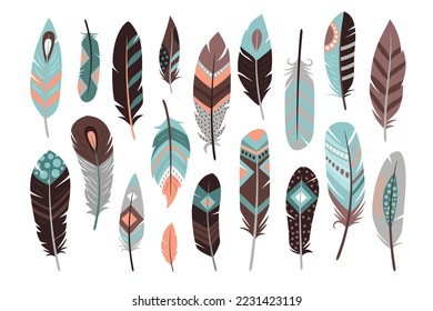 Colored feathers vector icons isolated on white background. Various bright abstract feathers. Different shapes colorful trendy illustration of feather decoration wing