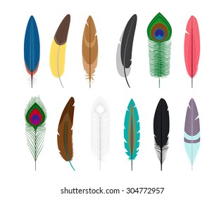 Colored feathers vector icons isolated on white background