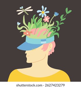 colored female with blooming flowers in doodle style in vector. Element for poster sticker design logo decoration prints postcards
