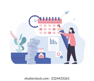 Colored female cartoon character managing her time. Woman marks completed task in her work calendar. Finished working day. Work schedule planning. Control of used time