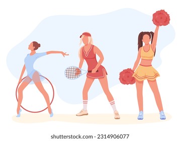 Colored female cartoon characters engaged in different kinds of sports. Aerobics, figure gymnastics, tennis, cheerleading. Girl with hoop, woman with badminton racket, teenager with cheering duster