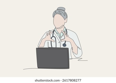 Colored female doctor explains patient's illness online with hand gestures. Telehealth concept one-line drawing