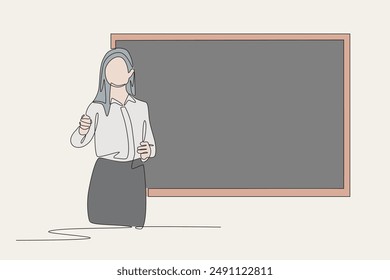 Colored female teacher teaching in class. Teacher in classroom concept one-line drawing