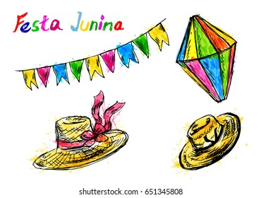 Colored Festa junina hand sketch elements. Vector illustration