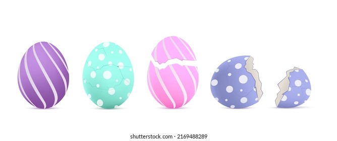 Colored festive Easter eggs whole and cracked, realistic vector illustration isolated on white background. Pastel egg shells for Easter design template.