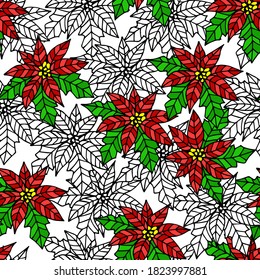 Vector floral festivo de colores sin fisuras. Flor de poinsettia brillante sobre fondo blanco. Para imprenta de tejidos, papel de envoltura de regalo, textiles. Año Nuevo, diseño navideño.