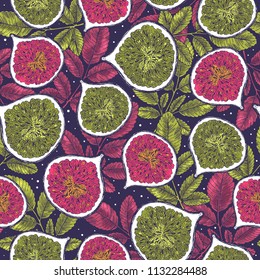 Colored fig fruit vintage seamless pattern. Botanical background. Engraved fig. Vector illustration