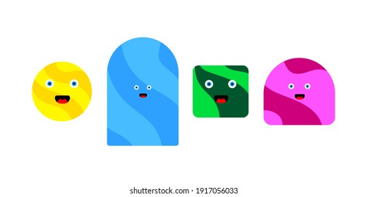 Farbige Figuren mit süßen Gesichtern für Dekoration und Design. Vektorgrafik-Set, einzeln auf weißem Hintergrund.