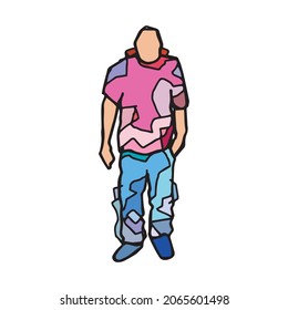 Colored figure of a man standing on his feet and waiting someone, hand drawn simple illustration. Human with hand in his pocket colorful cartoonish sign. Person silhouette pen drawing detail in color.