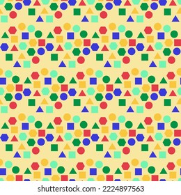 Figuras coloreadas sobre un fondo amarillo, patrón sin fisuras para el diseño de envases, tiendas, fondo para banners de sitios web. Ilustración de color del vector.