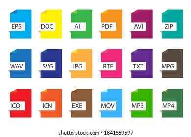 Colored file documents icons. Vector types of different file formats. A set of document extensions. Stock image.