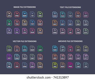 Colored File extension flat vector icons. Image, text, archive, vector file types format