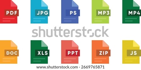 Colored File Format Icon Set. Modern Flat Vector Document Type Symbols for PDF, JPG, DOC, MP3, MP4, ZIP, XLS, PPT, JS, Media, Data, Software, Computer, Application, Web, UI, Digital Storage, Office