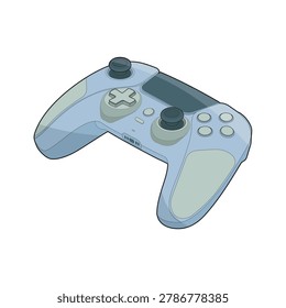 Colored filled outline vector illustration of a modern isometric next generation game controller. This isolated asymmetrical console gamepad features offset dual analog thumbsticks, a directional control pad, action buttons, and top triggers. Optimized for competitive esports gaming UI mockups, haptic vibration hardware graphics, and PC simulator setup desk templates.