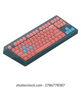 Colored filled outline vector illustration of a modern isometric mechanical gaming keyboard. This isolated custom tenkeyless (TKL) PC peripheral features a sleek dark case and vibrant keycaps highlighting the WASD and directional arrow clusters. Optimized for competitive esports battlestation mockups, streamer desk setup graphics, and custom hotswap keeb hardware templates.