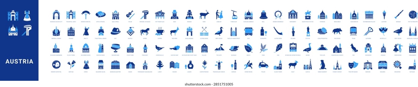 Colored filled vector icon set for Austria, Vienna and Austrian culture for mobile apps and web interfaces.