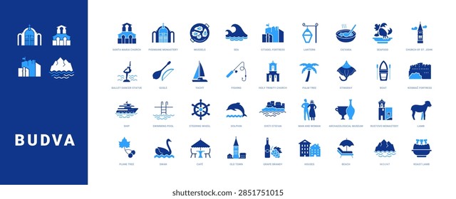 Colored filled vector icon set for Budva, Montenegro travel and Adriatic tourism for mobile apps and web interfaces.