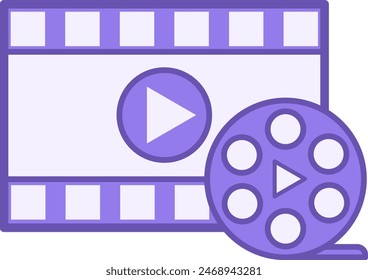 Colored Film Icon. Vector Icon. Film strip, Play buttons, and Film reel. Concept of Film Industry, Filmmaking and Video Production