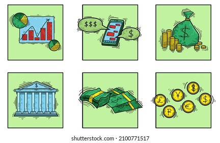 colored finance icons with money and bank