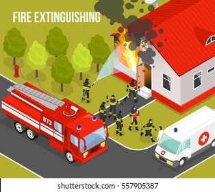 Composición del departamento de bomberos coloreados con extinción de incendios en situación de un edificio de departamentos e ilustración de portada vectorial