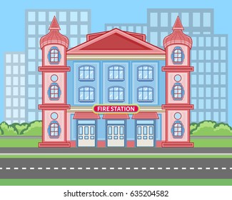 Colored fire station building near the road with shrubs and city silhouette. Vector illustration in flat style with outlined stroke