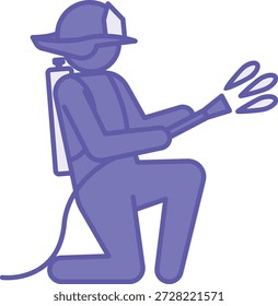 Farbiges Feuerwehrleute-Symbol. Vektorgrafik. Ein Feuerwehrmann in einem Helm richtet einen Wasserschlauch auf ein Feuer. Rettungseinsätze. Rettungsdienst