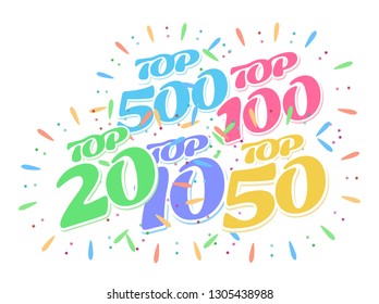 Colored Fireworks from inscriptions - tor 5, top 10, top 50,  top 100 and top 500 rating. Vector illustration in a flat style.