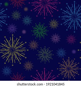 Colored fireworks. Seamless background with colorful fireworks for banners, posters, postcards, textures and textiles. Flat design.