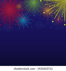Fuegos artificiales de colores. Fondo inmaculado con colorido patrón de fuegos artificiales para carteles, afiches, postales,. Diseño plano.