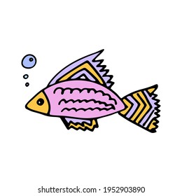 Pescado de color con burbujas de aire en forma de doodle. Icono dibujado a mano y símbolo para imprimir en ropa de bebé, pegatina, textil, diseño de menú.