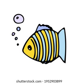 Colored fish with air bubbles in doodle style. Hand drawn icon and symbol for print on baby clothes, sticker, textile, menu design.