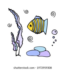 Colored fish with air bubbles near algae and stones. Doodle style. Hand drawn icon and symbol for print on baby clothes, sticker, postcard, beach design, textile, menu design.