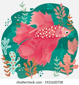 Colored fish with beautiful fins surrounded by algae of various shapes. Marine animals and plants of the underwater world.Vector illustration.Template for cover, poster, flyer, children's book.