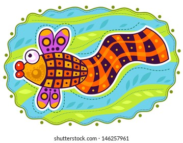 Colored fish with a large checkered tail water on the decorative background. 