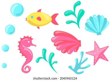 Colored fish, seashell, bubbles, corals, algae, starfish and sea horse on white background. Cartoon nautical characters live in ocean. Marine inhabitants and underwater life water animals and plants