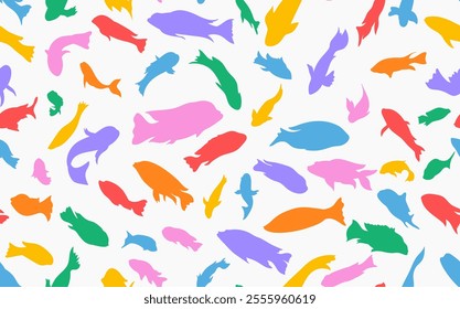 Colored fish vector seamless pattern wallpaper background. Pattern of fish of different shapes and species swim chaotically. Marine theme, sea and ocean fish. Vector illustration.