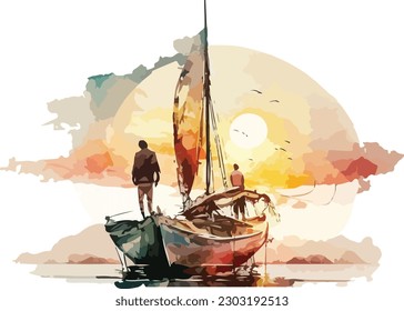 Colored Fisherman Vector, Print, Illustration