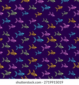 Farbige Fische nahtloses Muster. Stilisierter Fisch mit blauen und goldenen Streifen. Dekoratives wiederkehrendes Fischornament für Textilien. Moderner nautischer Hintergrund für Print- und Stoffdesign.