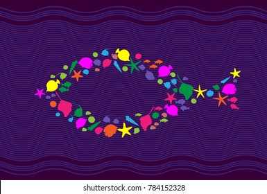 Colored fish-frame consisting of fish, seashells, sea stars. Vector background
