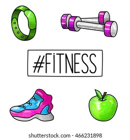 Colored fitness illustrations with gym equipment. Isolated apple, sneaker, sport watch and dumbbells. Vector EPS10.