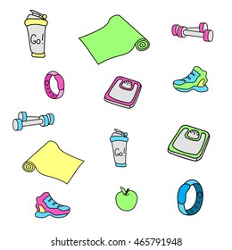 Colored fitness illustrations. Isolated set of gym equipment. An apple, a sneaker, a sport watch, dumbbells, mats, scales and shaker. Hand drawn vector EPS10.