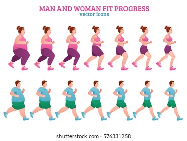 Colored fitness stages composition with man and woman fit progress description isolated icon set vector illustration