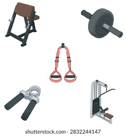 Colored five piece upper body fitness equipment bundle featuring a preacher curl bench, loaded barbell, suspension trainer straps, hand grip strengthener, and lat pulldown machine isolated on a white background.