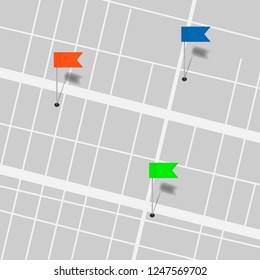 Colored flag shaped map pins on arbitrary scheme. Tacks for color marking, coding, categorizing on paper.