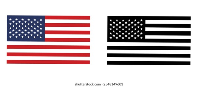 Uma Bandeira Colorida Do País Dos Estados Unidos Fica Ao Lado De Uma Bandeira Negra E Branca Dos Estados Unidos. Vetor da bandeira dos EUA isolado. Bandeiras do País Dois dos EUA.